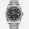 Replica Rolex Day-Date Black Dial Diamond Markers Diamond Bezel 18k white Gold