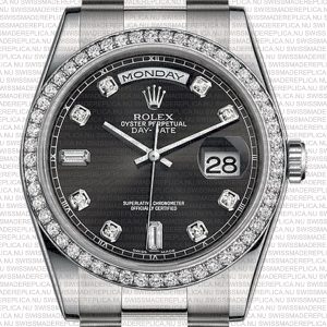Replica Rolex Day-Date Black Dial Diamond Markers Diamond Bezel 18k white Gold - Image 2