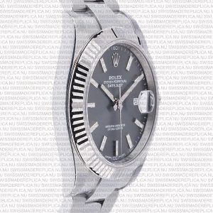 Replica Rolex Datejust 41mm 18k White Gold Flat Three Piece Links Fluted Bezel Rhodium Grey Dial Stick Markers - Image 3