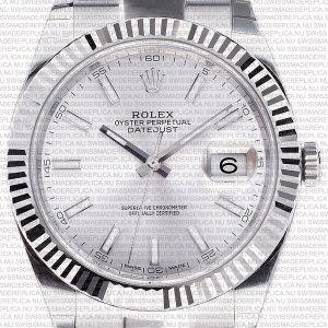 Replica Rolex Datejust 41mm 18k White Gold Flat Three Piece Links Fluted Bezel Silver Dial Stick Markers - Image 2