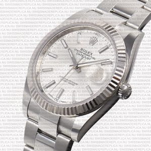 Replica Rolex Datejust 41mm 18k White Gold Flat Three Piece Links Fluted Bezel Silver Dial Stick Markers - Image 6