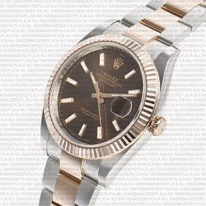 Replica Rolex Datejust 41mm 18k 2-Tone Rose Gold Flat Three Piece Links Fluted Bezel Chocolate Dial Stick Markers - Image 5