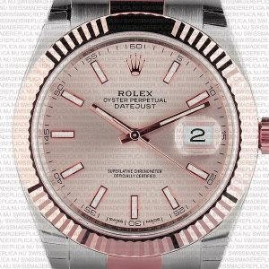 Replica Rolex Datejust 41mm 18k 2-Tone Rose Gold Flat Three Piece Links Fluted Bezel Pink Dial Stick Markers - Image 2