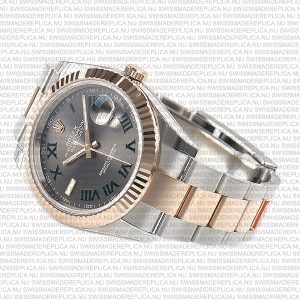 Replica Rolex Datejust 41mm 18k 2-Tone Rose Gold Flat Three Piece Links Fluted Bezel Grey Roman Markers - Image 7