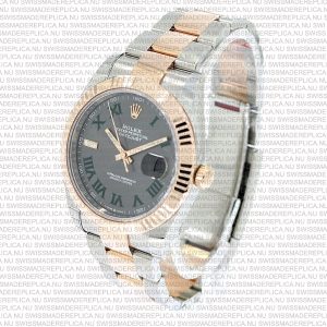 Replica Rolex Datejust 41mm 18k 2-Tone Rose Gold Flat Three Piece Links Fluted Bezel Grey Roman Markers - Image 5