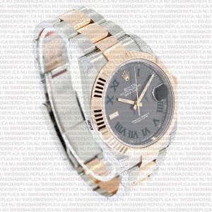 Replica Rolex Datejust 41mm 18k 2-Tone Rose Gold Flat Three Piece Links Fluted Bezel Grey Roman Markers - Image 4
