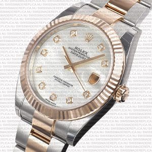 Replica Rolex Datejust 41mm 18k 2-Tone Rose Gold Flat Three Piece Links Fluted Bezel MOP White Dial Diamond Markers - Image 3
