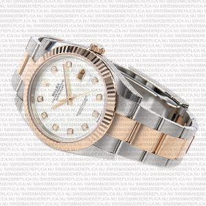 Replica Rolex Datejust 41mm 18k 2-Tone Rose Gold Flat Three Piece Links Fluted Bezel MOP White Dial Diamond Markers - Image 5