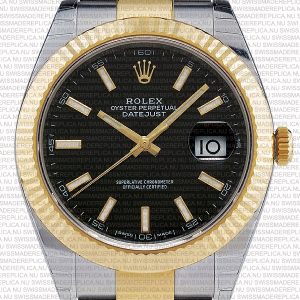 Replica Rolex Datejust 41mm 18k 2-Tone Yellow Gold Flat Three Piece Links Fluted Bezel Black Dial Stick Markers - Image 2