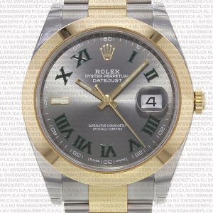 Replica Rolex Datejust 41mm 18k 2-Tone Yellow Gold Flat Three Piece Links Smooth Bezel Grey Roman Markers - Image 2