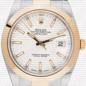 Replica Rolex Datejust 41mm 18k 2-Tone Yellow Gold Flat Three Piece Links Smooth Bezel White Dial Stick Markers - Image 2