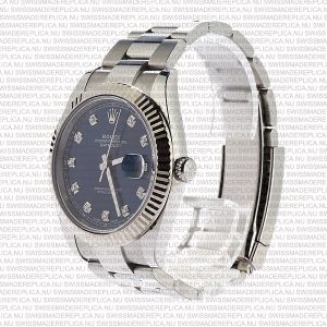 Replica Rolex Datejust 41mm 18k 2-Tone White Gold Flat Three Piece Links Fluted Bezel Blue Dial Diamond Markers - Image 3