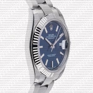 Replica Rolex Datejust 41mm 18k White Gold Flat Three Piece Links Fluted Bezel Blue Dial Stick Markers - Image 4
