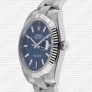 Replica Rolex Datejust 41mm 18k White Gold Flat Three Piece Links Fluted Bezel Blue Dial Stick Markers - Image 3