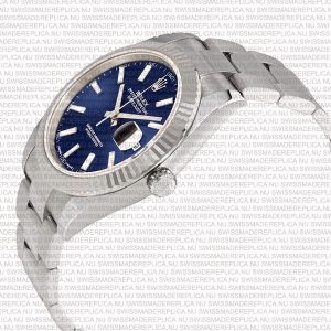 Replica Rolex Datejust 41mm 18k White Gold Flat Three Piece Links Fluted Bezel Blue Dial Stick Markers - Image 5