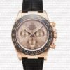 Replica Rolex Cosmograph Daytona Rose Gold with Pink Dial Black Leather Band with Diamond Marks