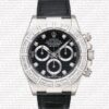 Replica Rolex Cosmograph Daytona 18k White Gold Black Dial Diamond Marks Leather Band