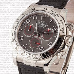 Replica Rolex Cosmograph Daytona White Gold Grey Arabic Marks Dial Leather Band - Image 3