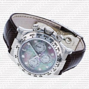 Replica Rolex Cosmograph Daytona White Gold Black MOP Diamond Marks Dial Leather Band - Image 5