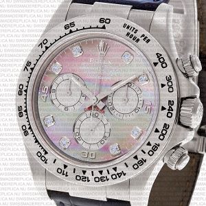 Replica Rolex Cosmograph Daytona White Gold Black MOP Diamond Marks Dial Leather Band - Image 3
