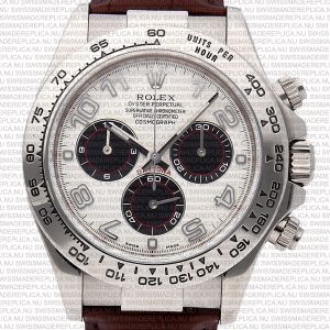 Replica Rolex Cosmograph Daytona White Gold Panda White Arabic Marks Dial Brown Leather Band - Image 2