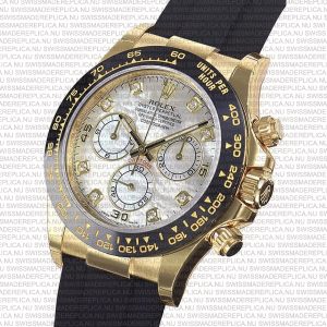 Replica Rolex Cosmograph Daytona Yellow Gold with MOP White Dial Diamond Marks Rubber Band - Image 3